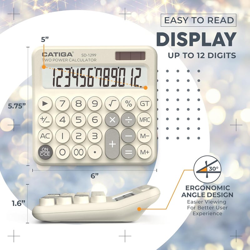 CATIGA Mechanical Switch Calculator with Solar and Battery Dual Power, 12-Digit Large LCD Display, Aesthetic and Cute Desktop Calculator with Big Button, for Home, School and Office Use, SD-1299 - Image 5